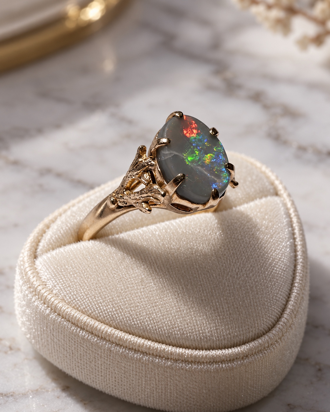 Royal Vintage en or, sertie d’une opale aux reflets rouges et verts